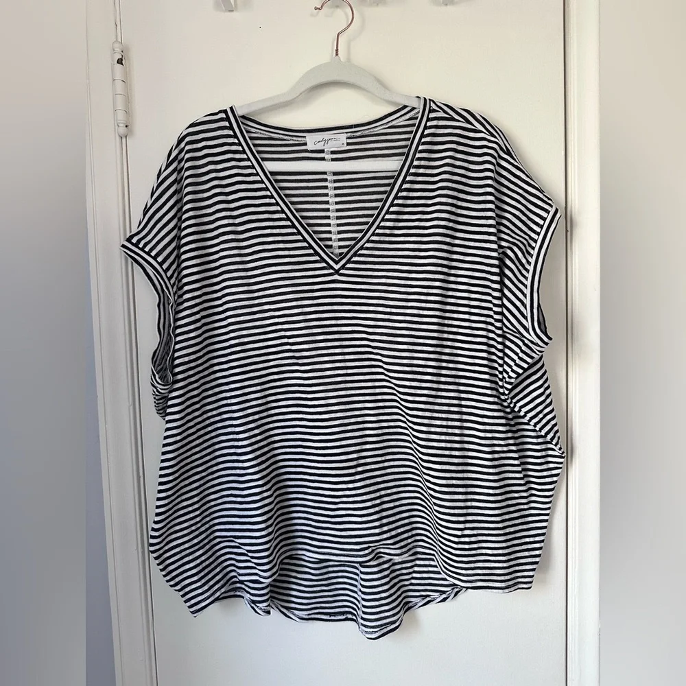 CJLA Black & White Striped V-Neck Women’s Top - Picture 1 of 4